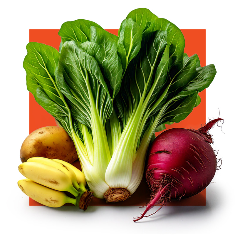 image of foods rich in potassium - bok choy, bananas, beet, and potato