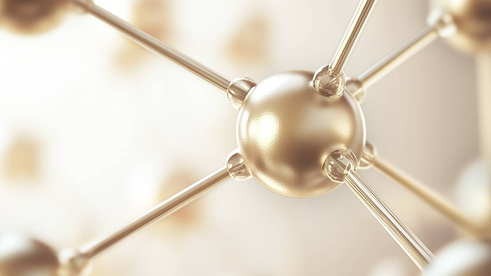 A high-detail 3D rendering of a molecular structure with interconnected golden spheres representing atoms