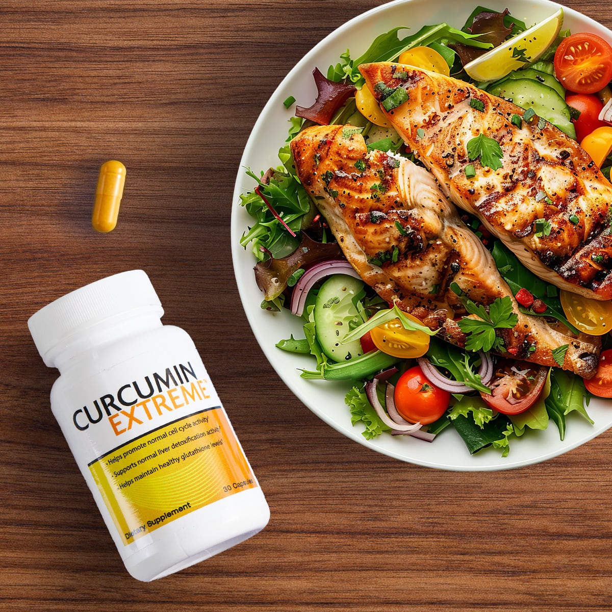 image of Curcumin Extreme, capsule and salad