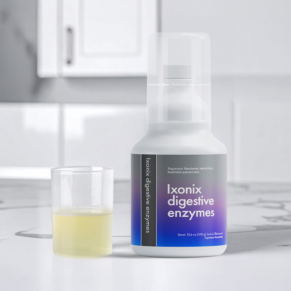 image of powder and water mixed in overcap beside product bottle