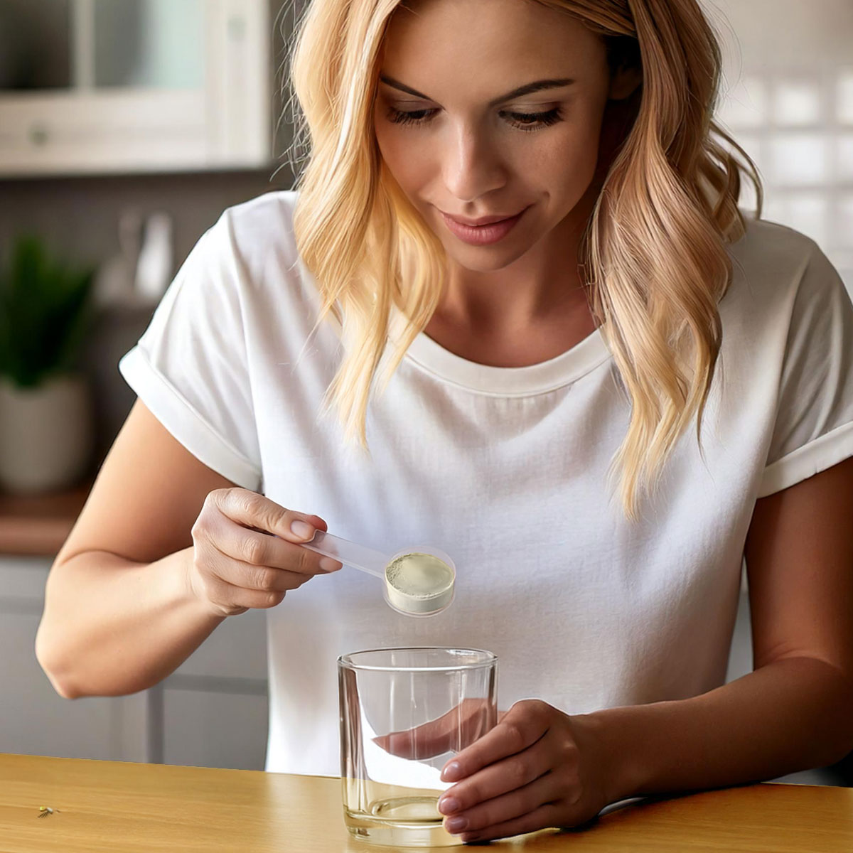 image of woman adding colostrum powder to glass