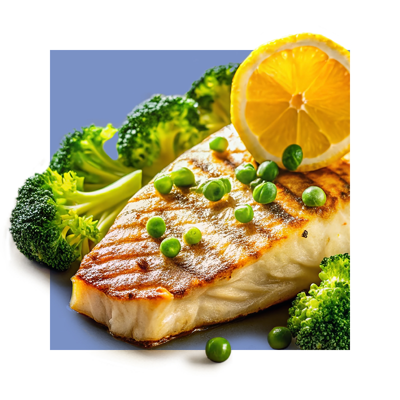 image of foods rich in CoQ10 - salmon, peas, and broccoli