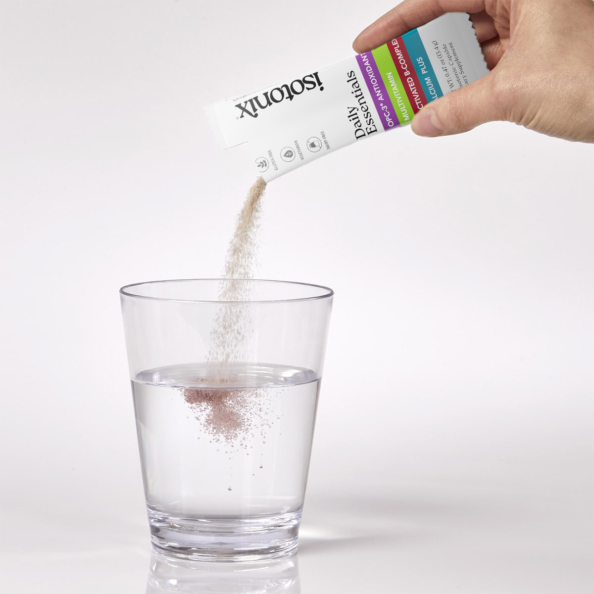 image of person pouring Isotonix Daily Essentials packet into a glass of water