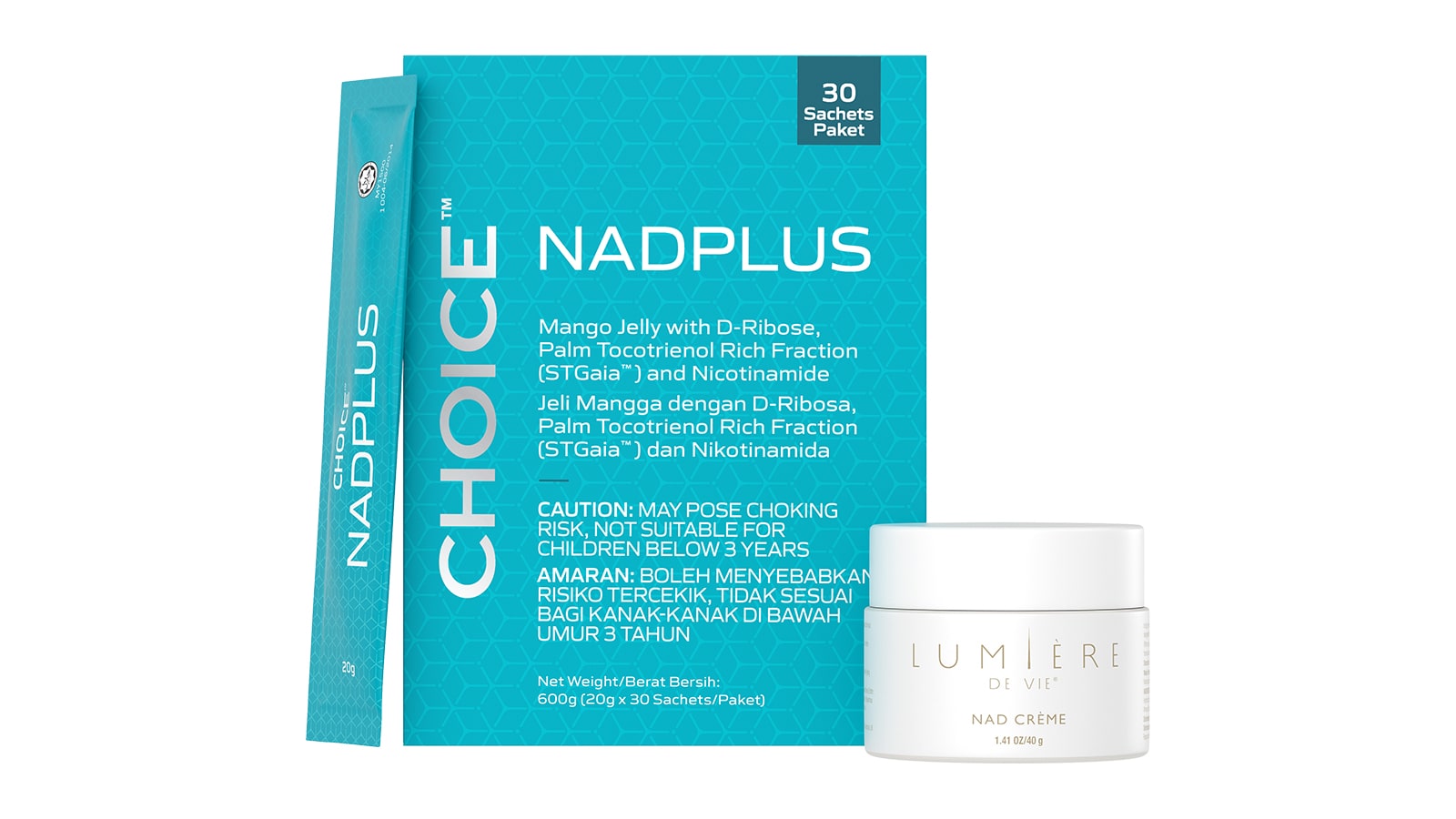 Choice™ NADPLUS Mango Jelly with D-Ribose, Palm Tocotrienol Rich Fraction (STGaia™) and Nicotinamide & Lumière de Vie® NAD Crème