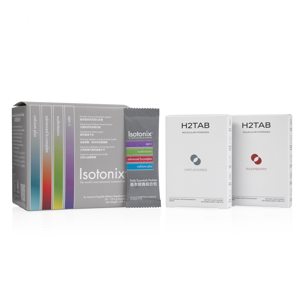 image of Isotonix Daily Essentials Packets with both flavors of H2TAB