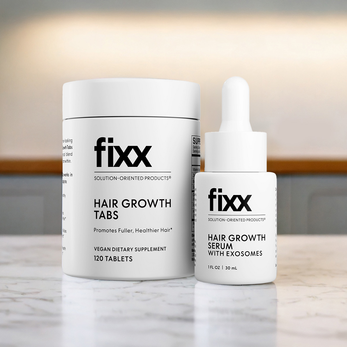 image of Fixx Hair Growth Tabs and Fixx Hair Growth Serum on countertop