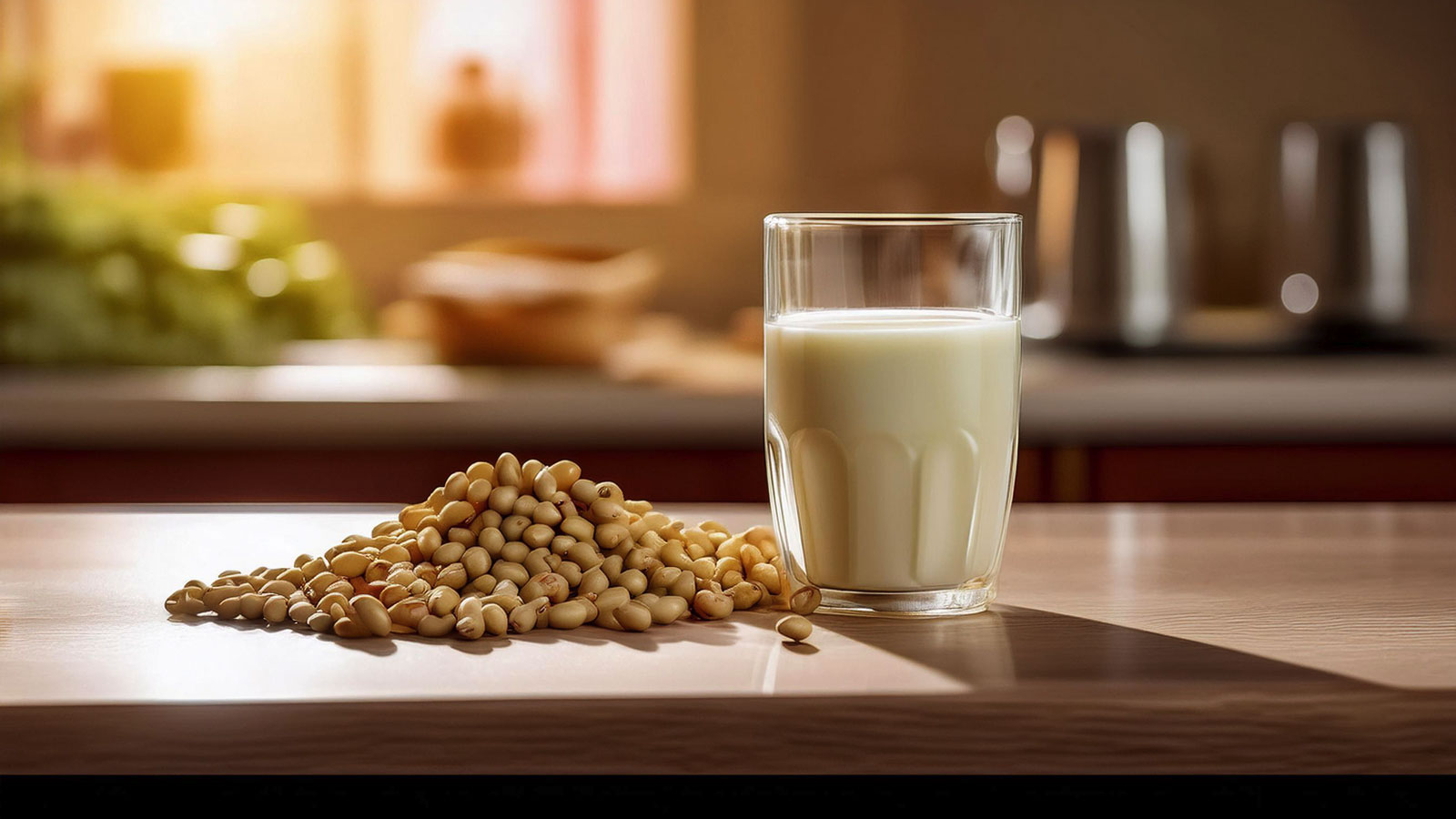 soybeans next to a glass of soy milk