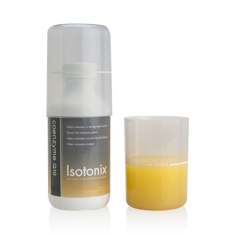 Isotonix Coenzyme Q10 bottle and pour cap half filled with product