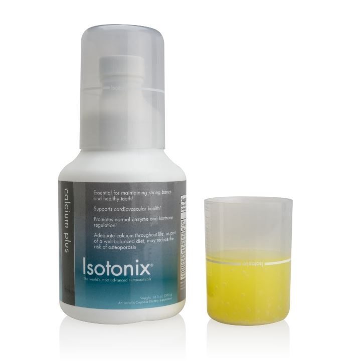 Isotonix Calcium Plus bottle and pour cap half filled with product