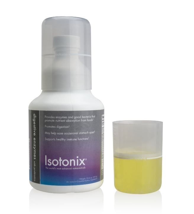 Isotonix Digestive Enzymes with Probiotics bottle with pour cup half filled