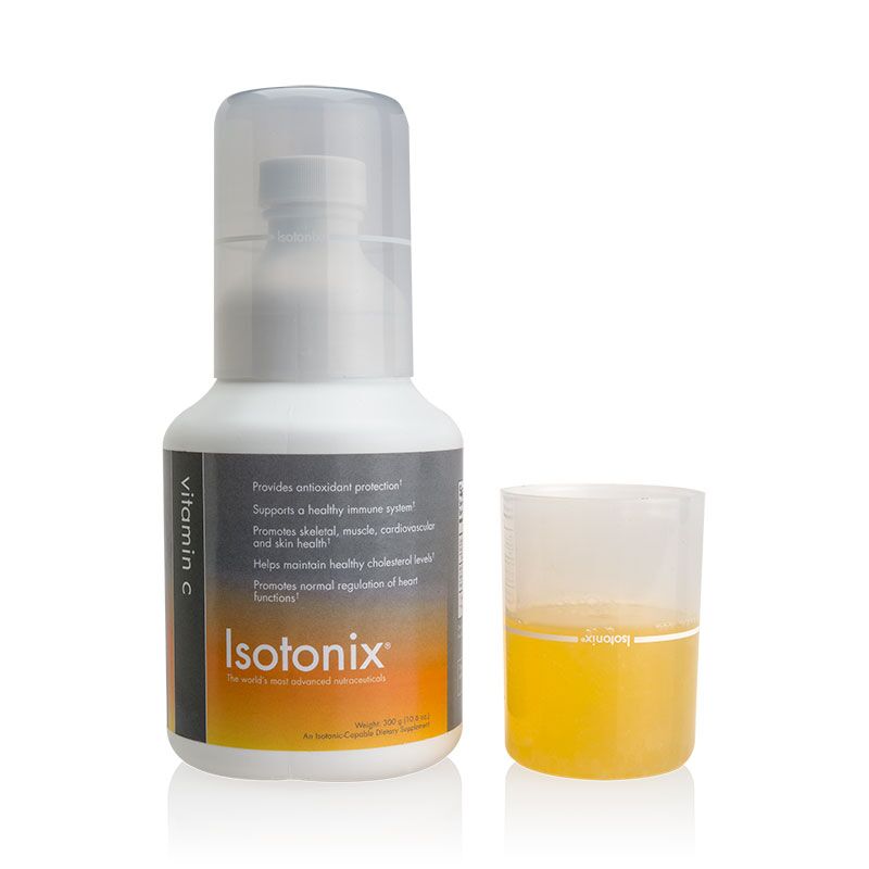 Isotonix Vitamin C bottle and pour cap half filled with product