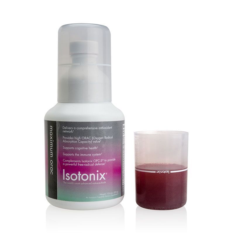 Isotonix Maximum ORAC Formula bottle and pour cap half filled with product