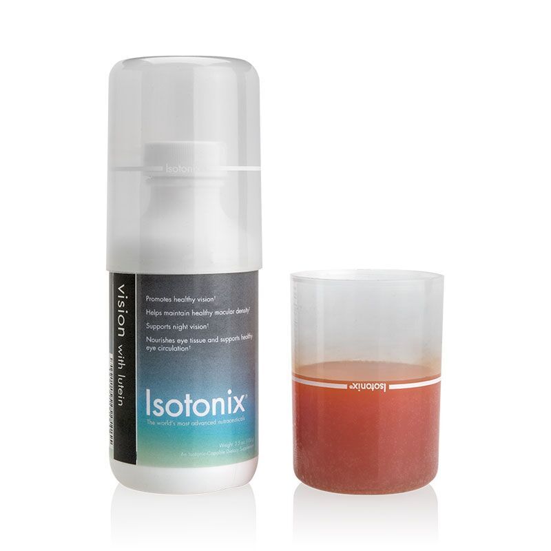Isotonix Vision Formula with Lutein bottle and pour cap half filled with product