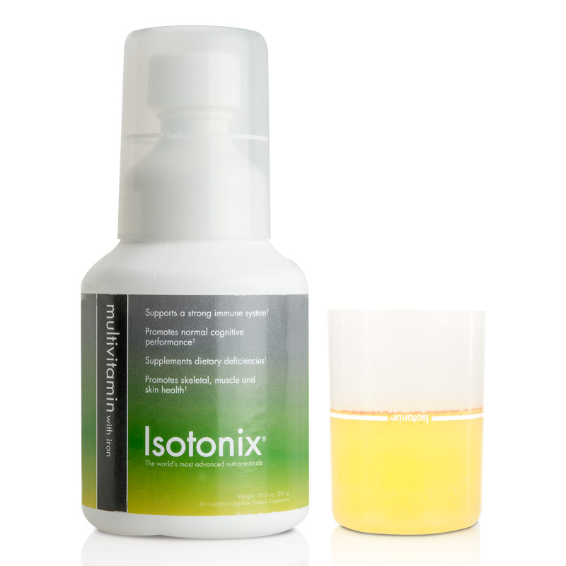 Isotonix Multivitamin With Iron bottle and pour cap half filled with product