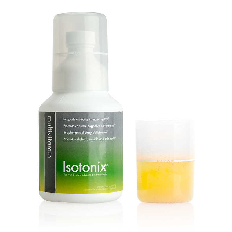 Isotonix Multivitamin Without Iron bottle and pour cap half filled with product