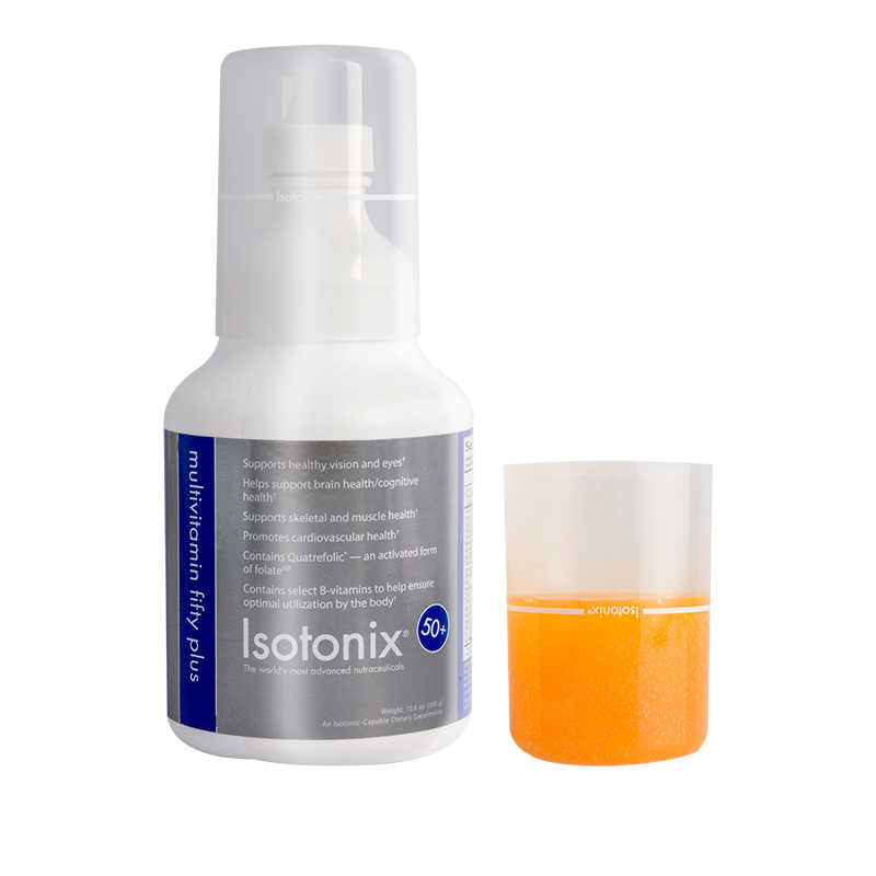 Isotonix Multivitamin Fifty Plus bottle and pour cap half filled with product