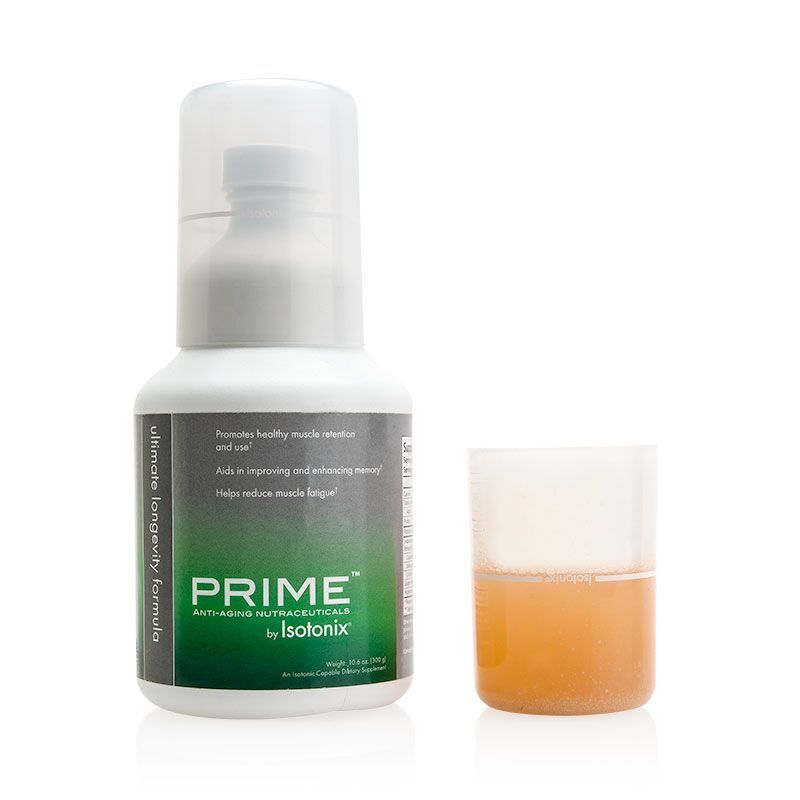 Prime Ultimate Longevity Formula by Isotonix bottle and pour cap half filled with product