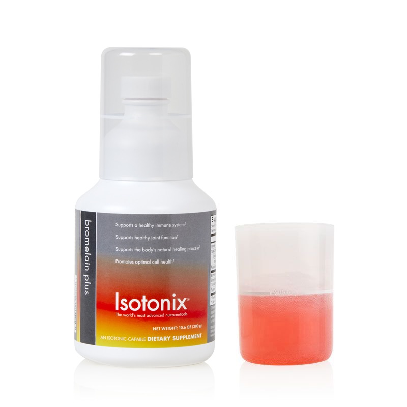Isotonix Bromelain Plus bottle and pour cap half filled with product