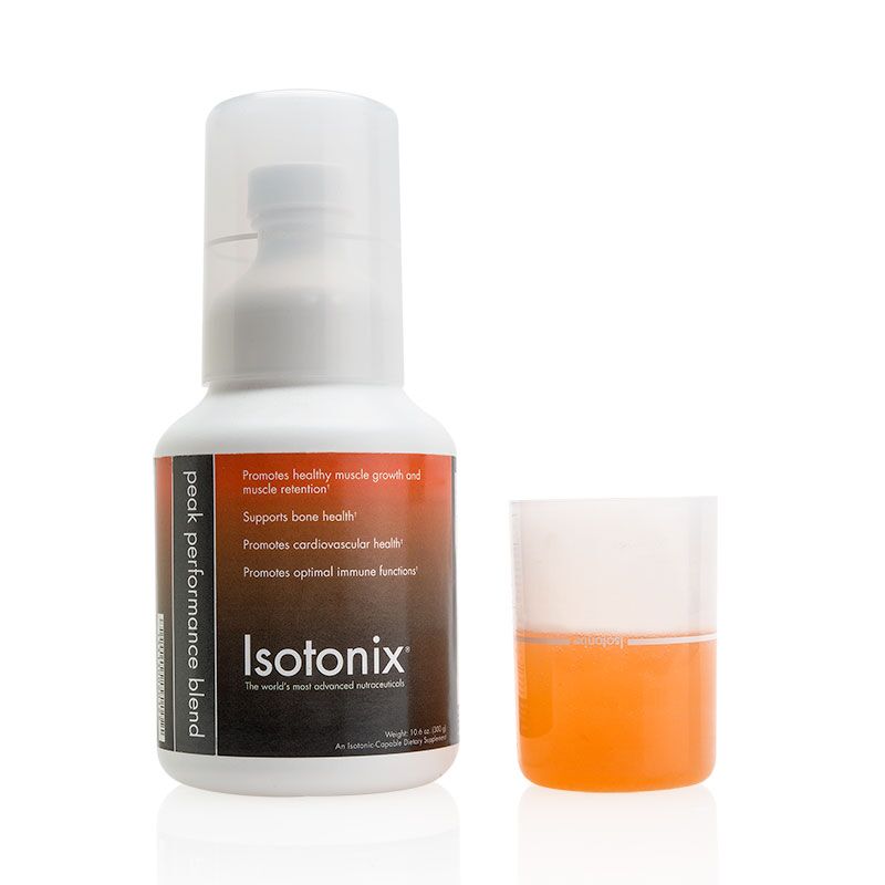 Isotonix Peak Performance Blend bottle and pour cap half filled with product