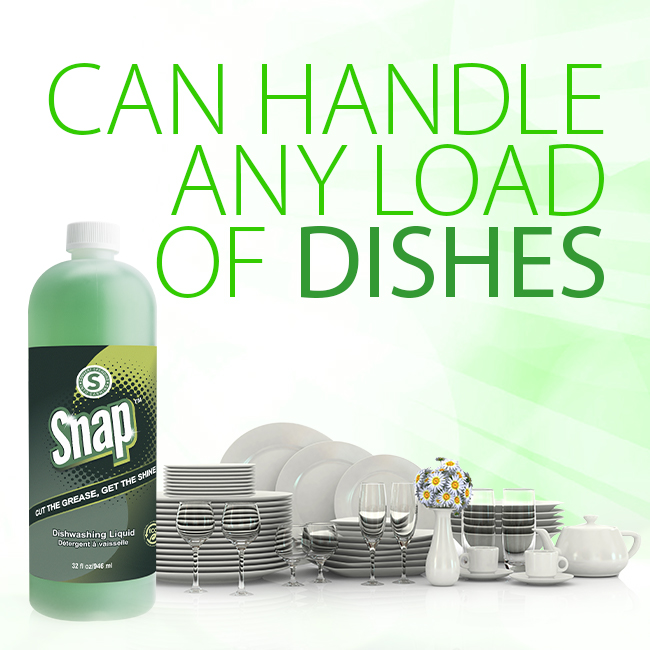 Snap Dishwashing Liquid can handle any load of dishes. Pictured is a product container next to stacks of dishes and serving ware.