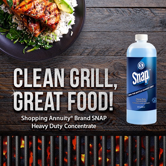Snap Heavy Duty Concentrate. Clean Grill, Great food. Bottle picutured next to a plate of food next to a grill.