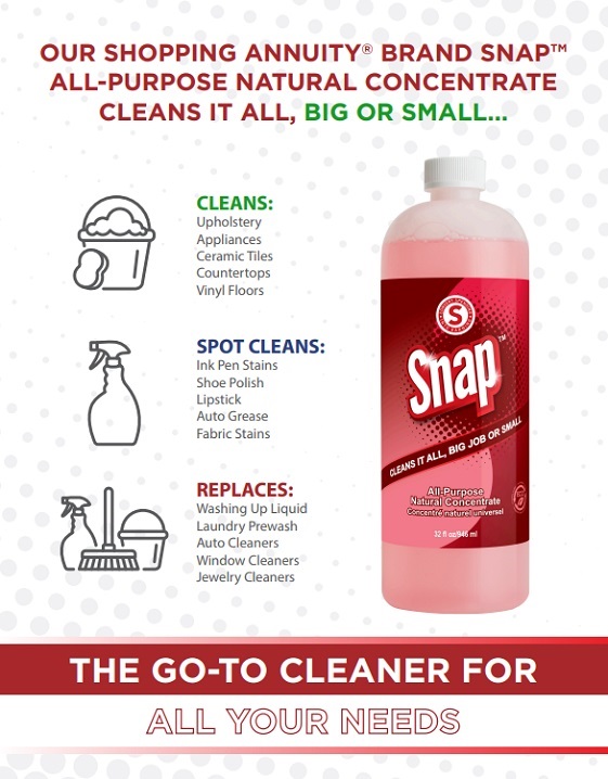 Snap All-Purpose Natural Concentrate. Cleans it all big and small. Upholstery, Appliance, Counter tops, Spot Cleans and replaces other cleaners