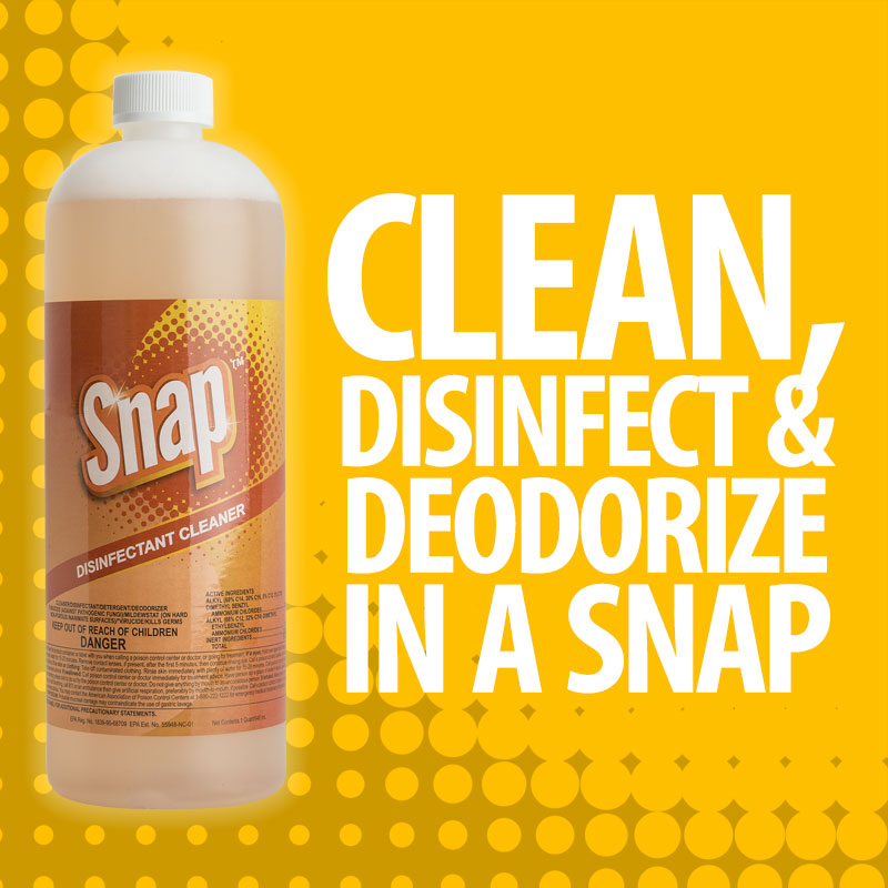 Snap II Cleaner Disinfectant. Clean disinfect & deorderize in a SNAP. Bottle pictured on yellow background.