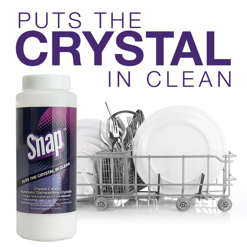 Snap Crystal Clean Automatic Dishwashing Crystals with a basket for clean dishware. Snap put the crystal in clean.