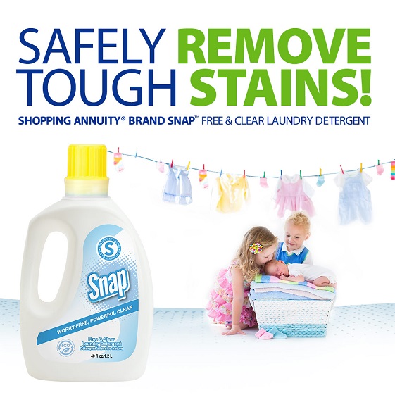 Snap Free & Clear Laundry Detergent. Safely Remove Tough Stains. Pictured are three children around a stack of clean laundry.