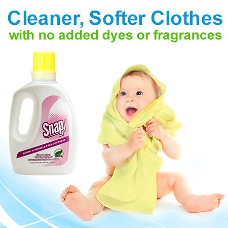 Snap Free & Clear Fabric Softener. Cleaner Softer Clothes with no added dyes of fragrances. Picture shows product container next to a happy baby wrapped in a towel.