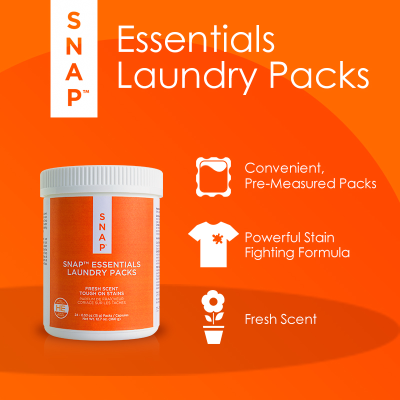 Snap Essentials Laundry Packs - Fresh Scent. Essential Laundry Packs. Convient pre-measured packs. Powerful Stain Fighting formula. Fresh Scent. Photo of container.