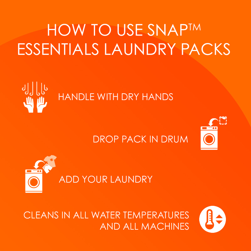 Snap Essentials Laundry Packs - Fresh Scent. How to use SNAP. Handle with dry hands. Drop in Drum. Add your Laundry. For use in all washers at all temperatures.