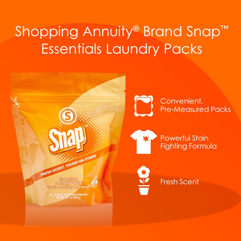 Snap Essentials Laundry Packs - Fresh Scent. Essential Laundry Packs. Convient pre-measured packs. Powerful Stain Fighting formula. Fresh Scent. Photo of bag.