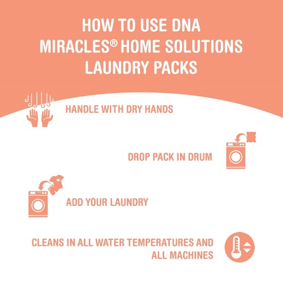 DNA Miracles Home Solutions Free & Clear Laundry Packs. Instructions. Handle with dry hands. Drop in drum. Add laundry. OK in all machines at all temperatures. See FAQs.
