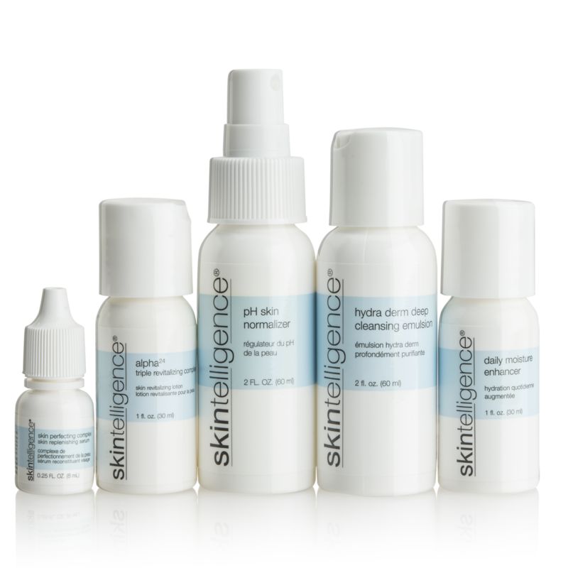 Skintelligence™ Travel Kit - Includes one Hydra Derm Deep Cleansing Emulsion, one Daily Moisturizer Enhancer, one pH Skin Normalizer, one Alpha 24 Triple Revitalizing Complex and one Skin Perfecting Complex